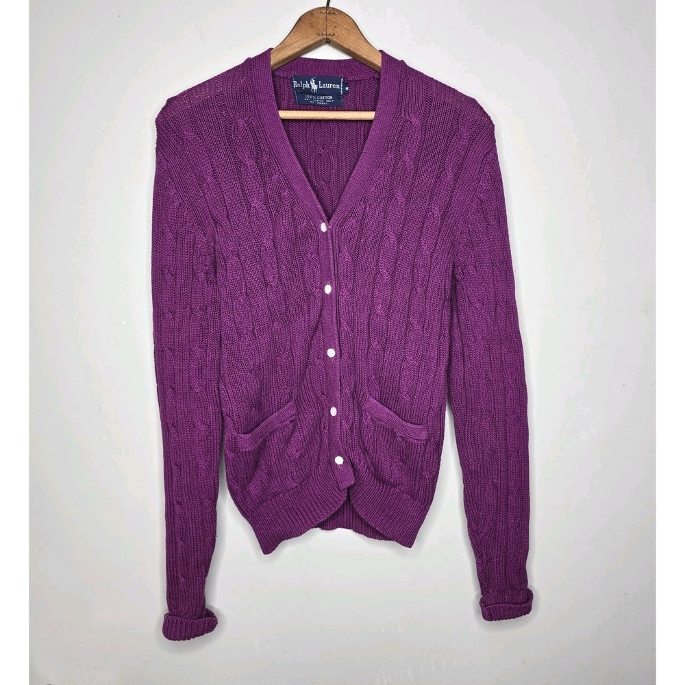 Polo Ralph Lauren Cardigan Women's Size M Cable Knit Purple 100% Cotton Sweater